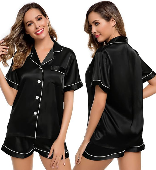 Womens Silk Satin Pajamas Short Sleeve Loungewear Two-Piece Sleepwear Button