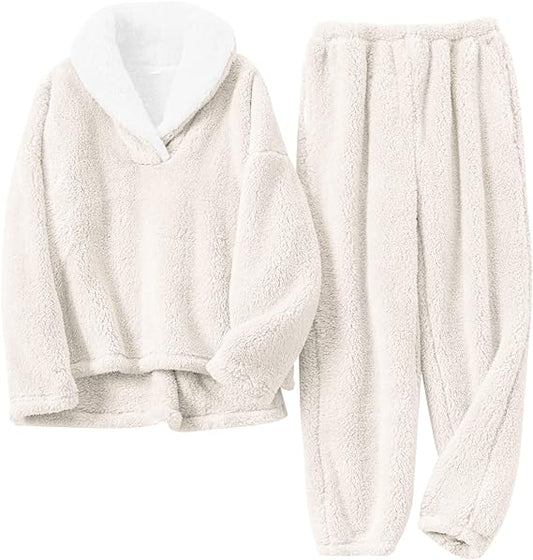 Women' s Fluffy Pajamas Set Fleece Pullover Pants Loose Plush Sleepwear 2 Piece Pjs Set Warm Loungewear Fuzzy